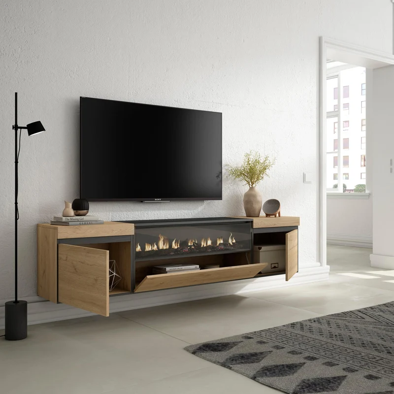 Meuble TV - 200x45x35cm - Cheminée électrique - Suspendu - Mural, Chêne et noir