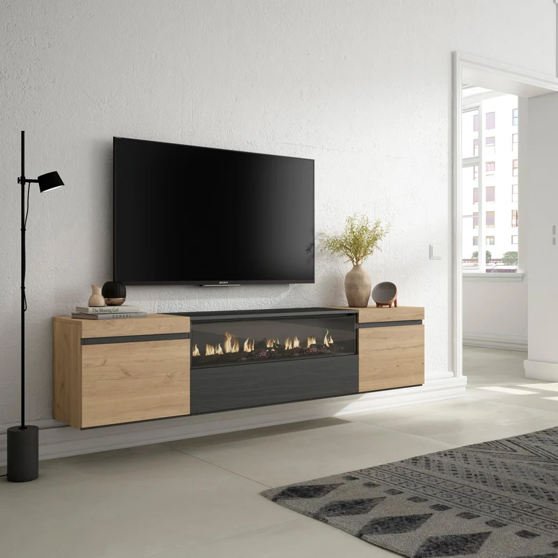 Meuble TV - 200x45x35cm - Cheminée électrique - Suspendu - Mural - Chêne et Noir