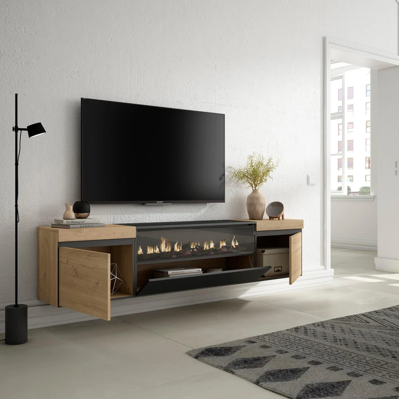 Meuble TV - 200x45x35cm - Cheminée électrique - Suspendu - Mural - Chêne et Noir