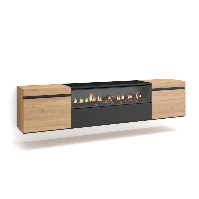Meuble TV - 200x45x35cm - Cheminée électrique - Suspendu - Mural - Chêne et Noir