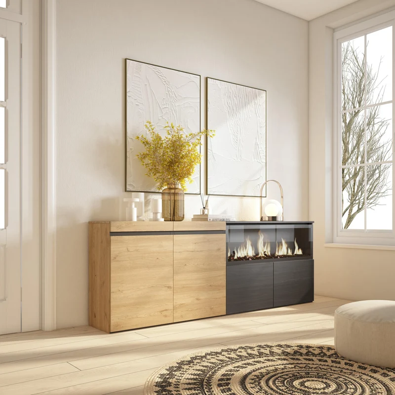 Meuble Buffet Moderne 4 Portes avec Cheminée LED XXL (côté droit) – 208x75x35 cm – Chêne & Noir