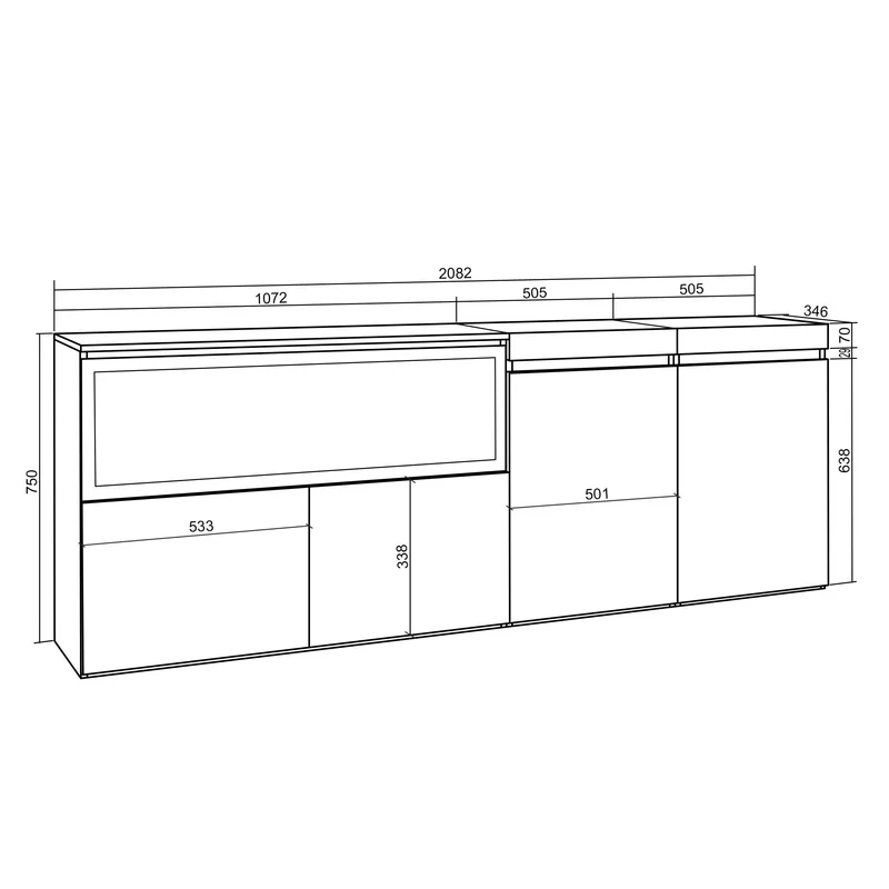 Meuble Buffet Moderne 4 Portes avec Cheminée LED XXL (côté gauche) – 208x75x35 cm – Chêne & Noir