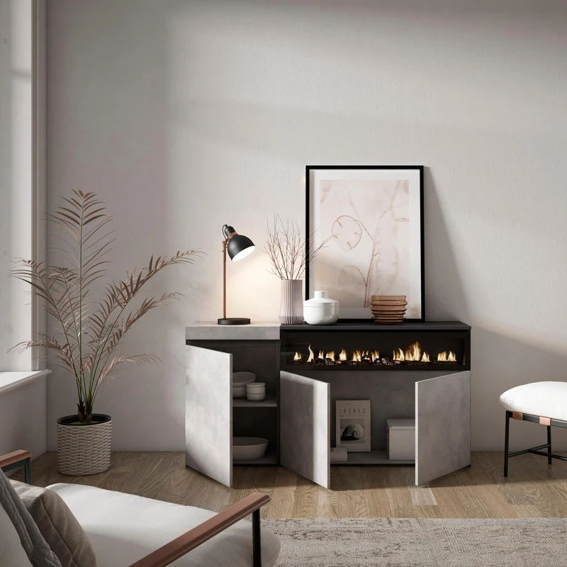 Meuble de rangement 3 portes avec cheminée électrique LED XXL (côté droit) - 150x75x35cm - Ciment