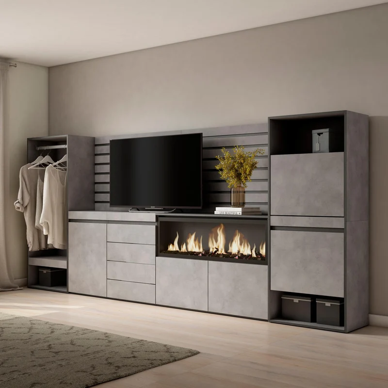 Vestiaire & Meuble TV avec cheminée LED XXL - 334x145x35 cm - Ciment