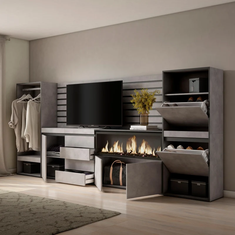 Vestiaire & Meuble TV avec cheminée LED XXL - 334x145x35 cm - Ciment