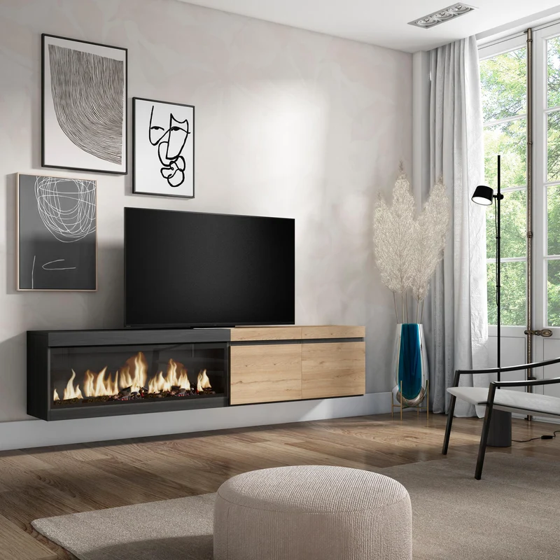 Meuble TV mural avec cheminée LED XXL (côté gauche) - Chêne et noir