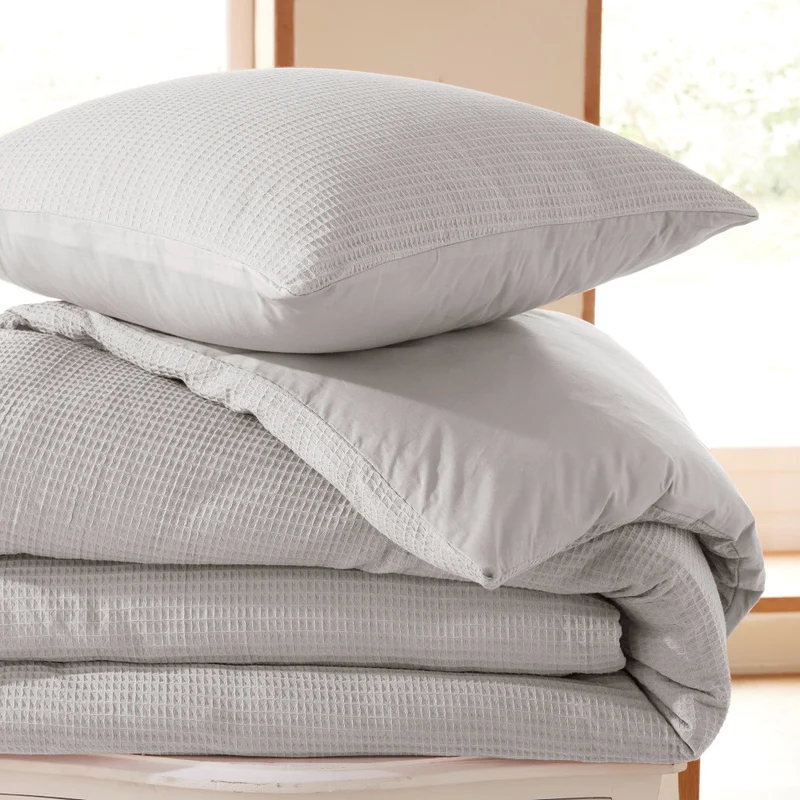 Pack 3 Pièces Housse de couette 260x240cm + 2 taies d'oreiller 65X65cm - nid d'abeille - Perle