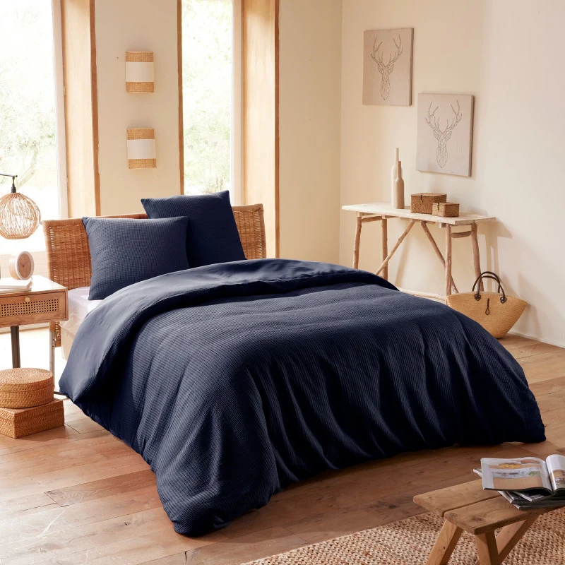Pack 3 Pièces Housse de couette 260x240cm + 2 taies d'oreiller 65X65cm - nid d'abeille - Orage