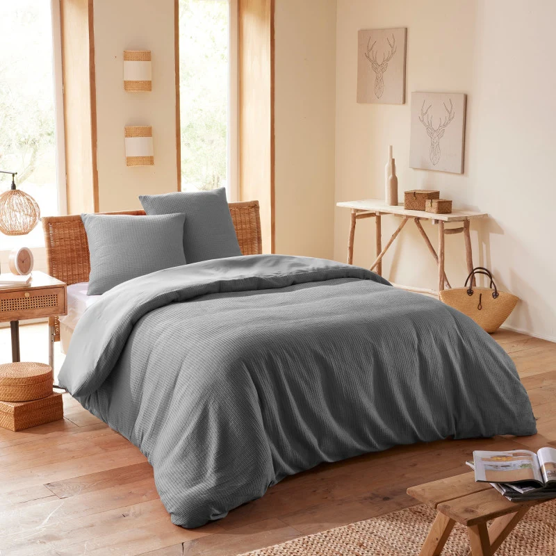 Pack 3 pièces Couette 240x220cm + 2 taies d'oreiller 65X65cm nid d'abeille - Ardoise