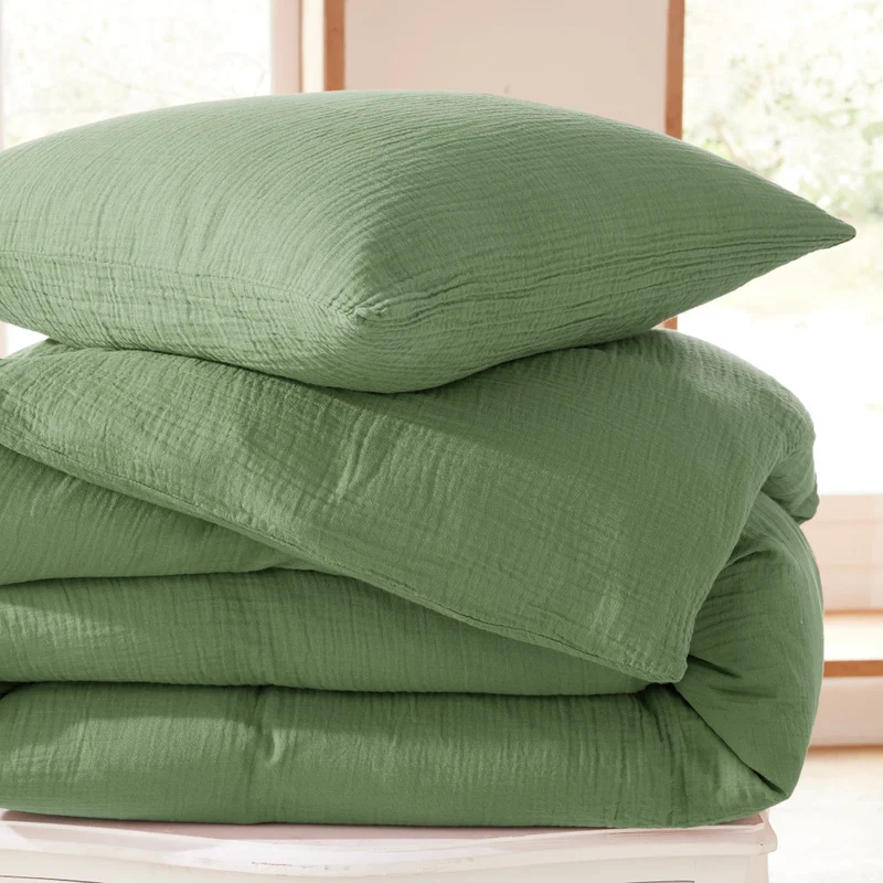 Pack 4 Pièces Housse de couette Gaze de Coton 260 x 240 cm - Olive