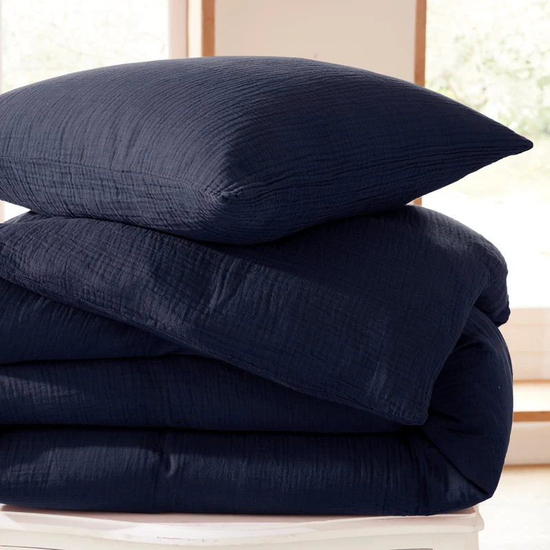 Pack 4 Pièces Housse de couette Gaze de Coton 260 x 240 cm - Bleu Nuit