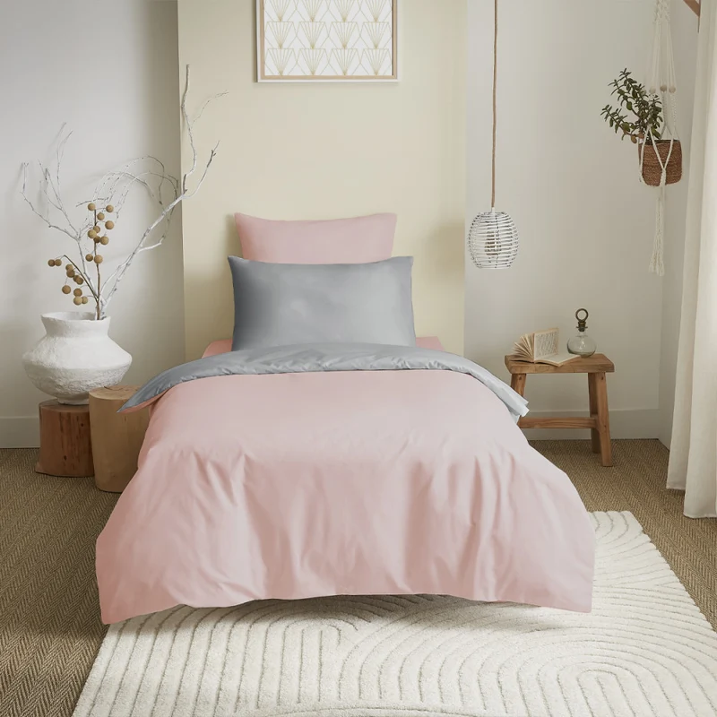 Pack 4 Pièces Housse de couette 140 x 200 cm - 100% coton / 57 fils/cm² - Rose/Gris réversible