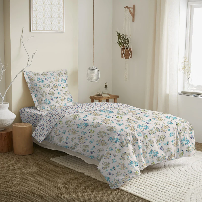 Pack 3 Pièces Housse de couette réversible 140 x 200 cm - 2 Pièces 100% Coton - Tanya cyan