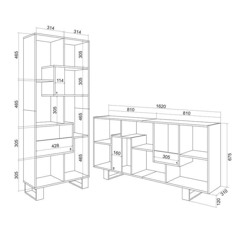 Étagère bibliothèque 174x67x31cm, horizontal ou vertical Design industriel Blanc et Chêne