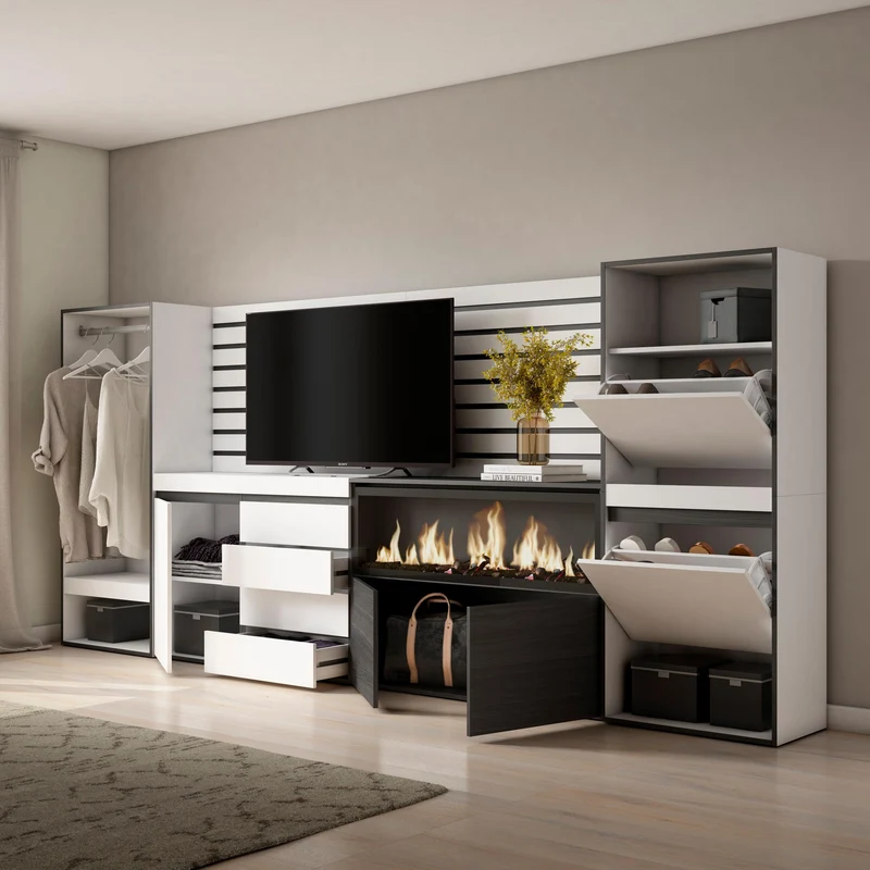 Vestiaire & Meuble TV avec cheminée LED XXL - 334x145x35 cm - Blanc & noir