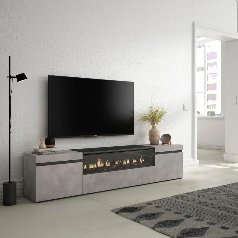 Meuble TV - 200x45x35cm - Cheminée électrique - Pour les TV jusqu'à 80" - Ciment