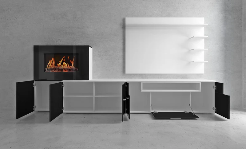 Meuble de salon avec cheminée électrique - 290 x 170 x 45 cm - finition blanc et noir laqué