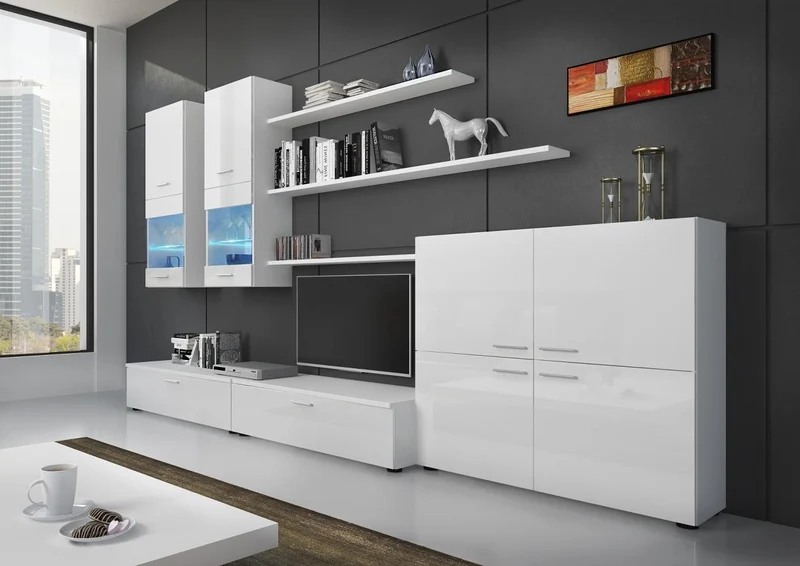 Ensemble de meubles TV, ilumination LED, Blanc Laqué et Blanc Mat