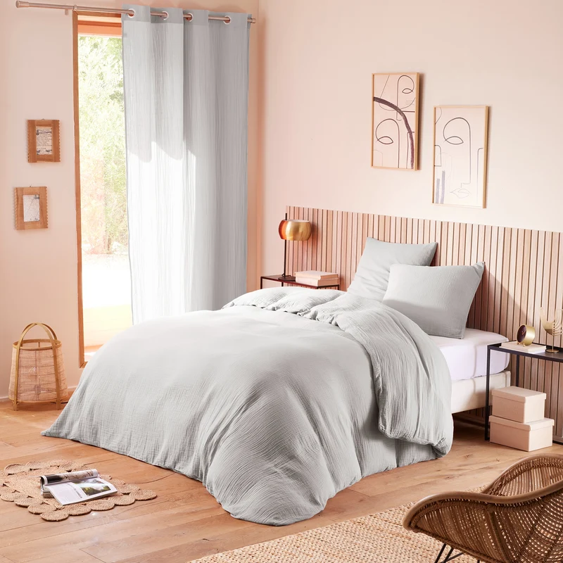 Pack 3 pièces Housse de couette - 260x240cm + 2 taies d'oreiller 65X65cm gaze de coton Perle