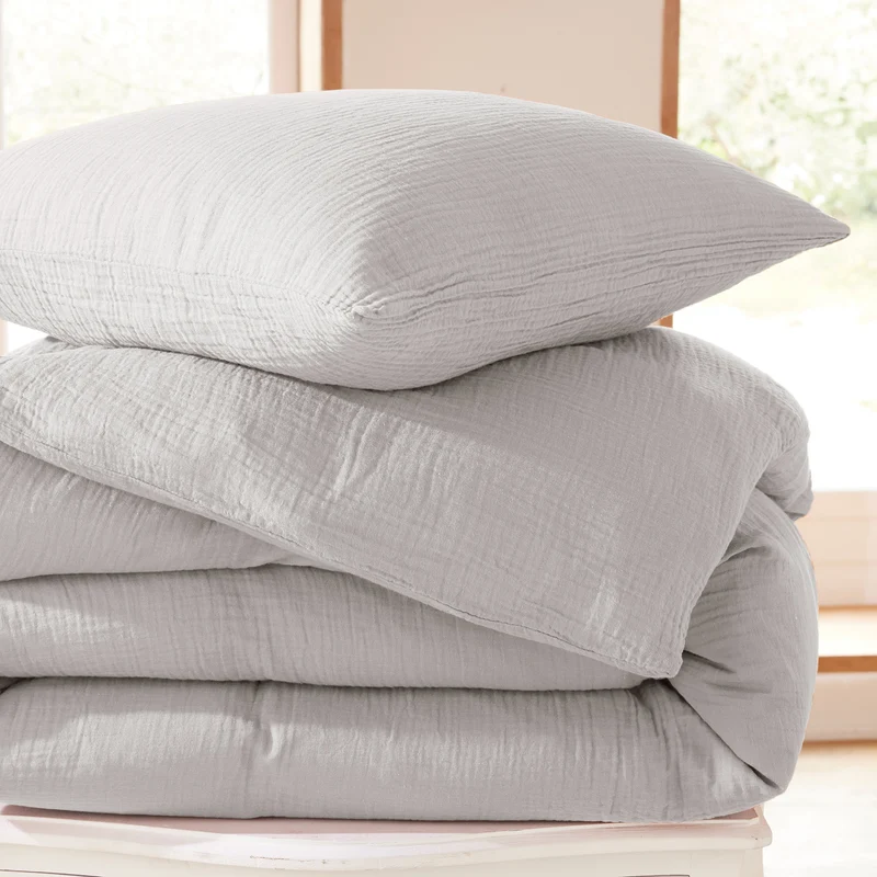 Pack 3 pièces Housse de couette - 260x240cm + 2 taies d'oreiller 65X65cm gaze de coton Perle