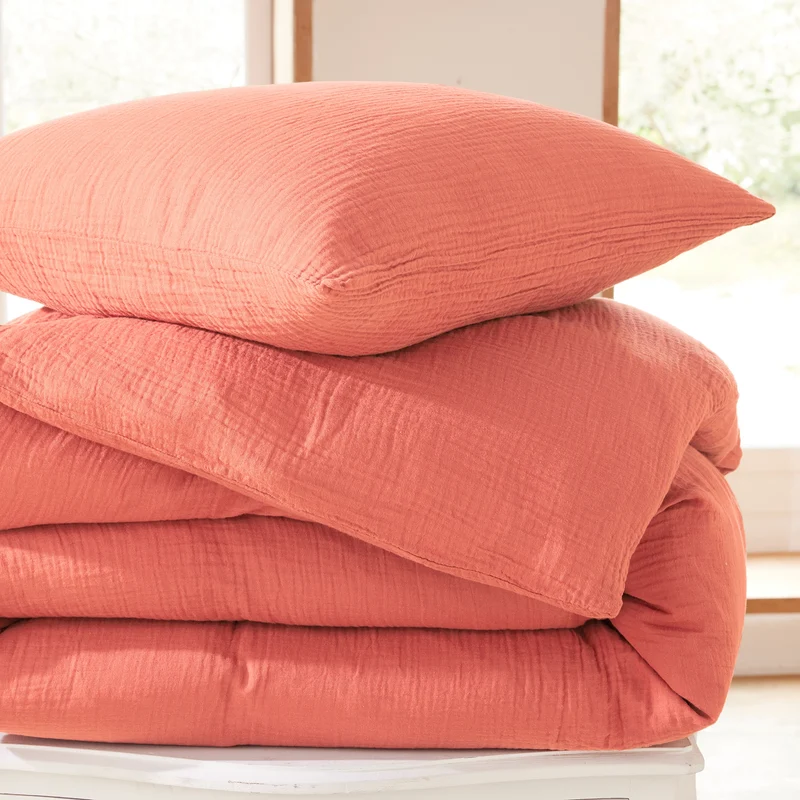 Pack 3 pièces Housse de couette - 260x240cm + 2 taies d'oreiller 65X65cm gaze de coton Blush