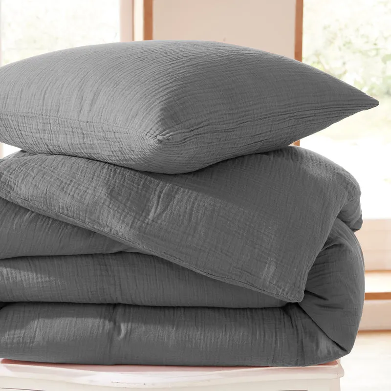 Pack 4 Pièces Housse de couette 240x220cm + 2 taies d'oreiller 65X65cm gaze de coton Ardoise