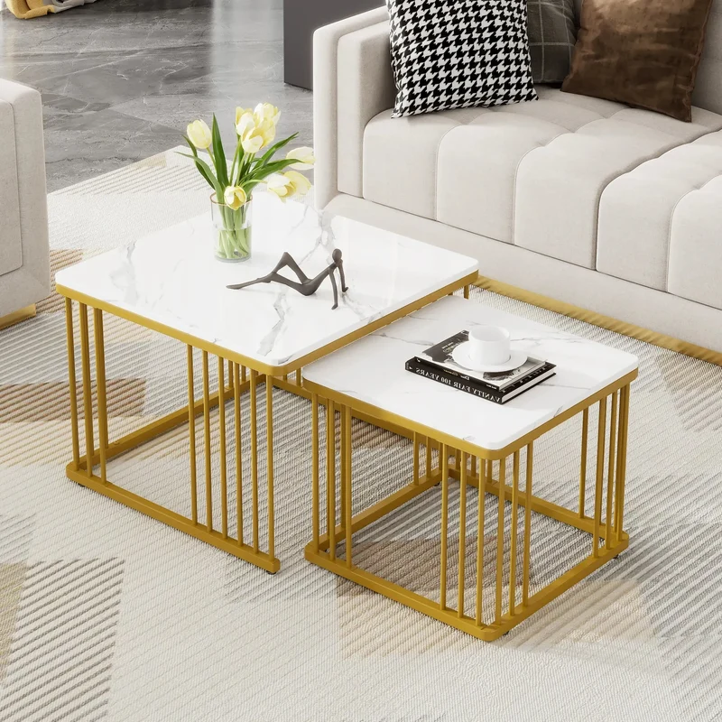 Ensemble de 2 tables basses carrées | Effet marbre doré