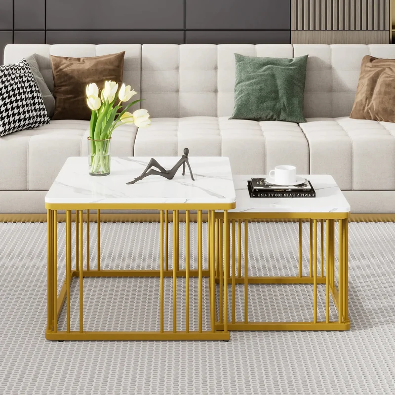 Ensemble de 2 tables basses carrées | Effet marbre doré