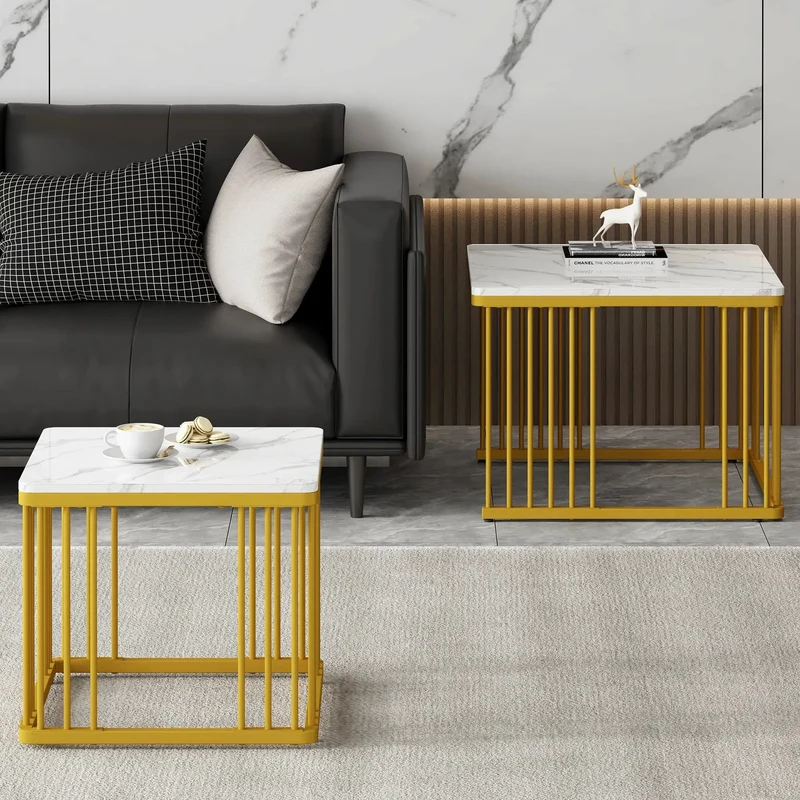 Ensemble de 2 tables basses carrées | Effet marbre doré