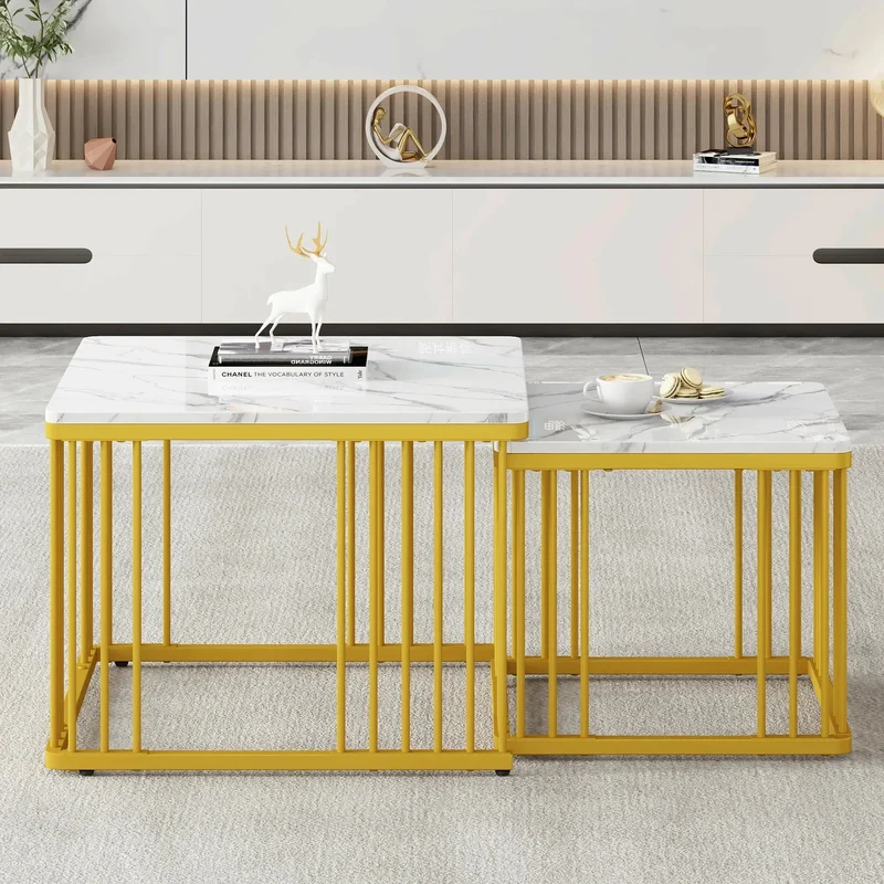 Ensemble de 2 tables basses carrées | Effet marbre doré