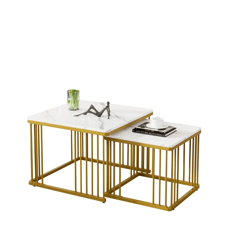 Ensemble de 2 tables basses carrées | Effet marbre doré