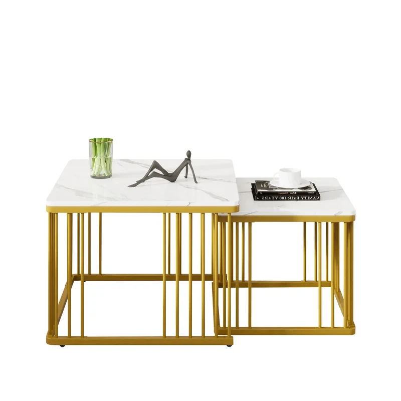 Ensemble de 2 tables basses carrées | Effet marbre doré