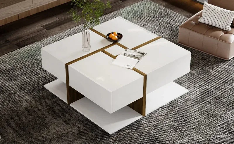 Table basse brillante avec 4 tiroirs