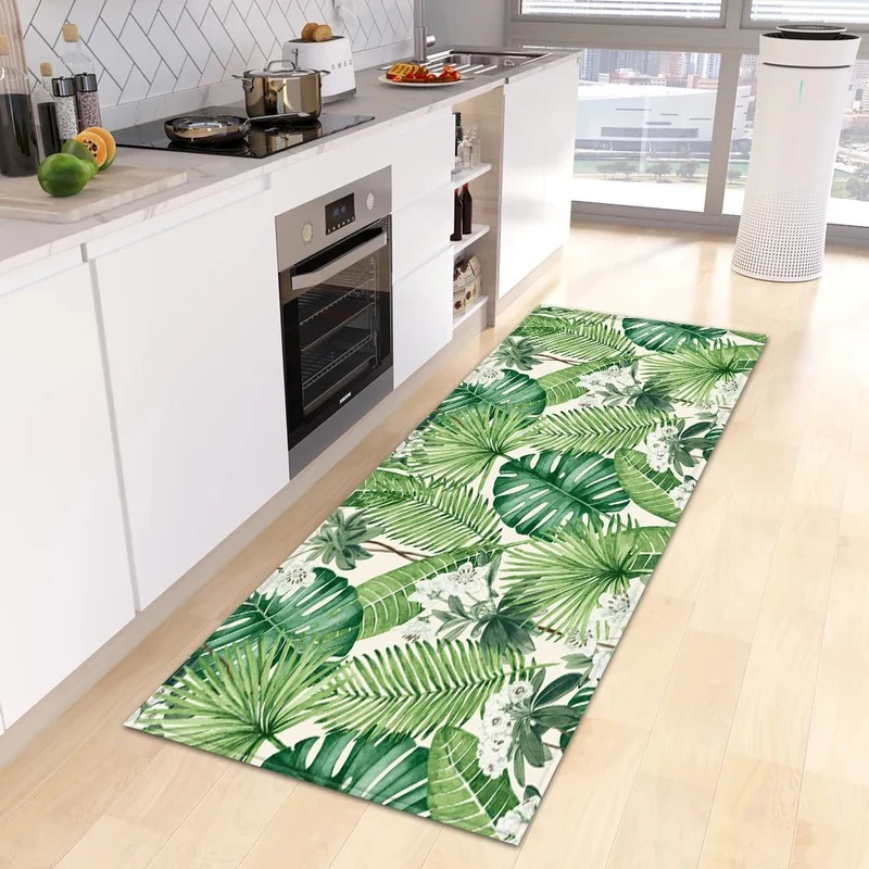 tapis de cuisine à feuilles tropicales vertes