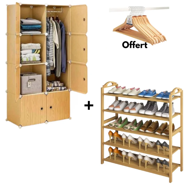 Pack Spécial : Armoire 2 Battants en plastique + Range-Chaussures 5 Niveaux en Bois – 12 Cintres Offerts !