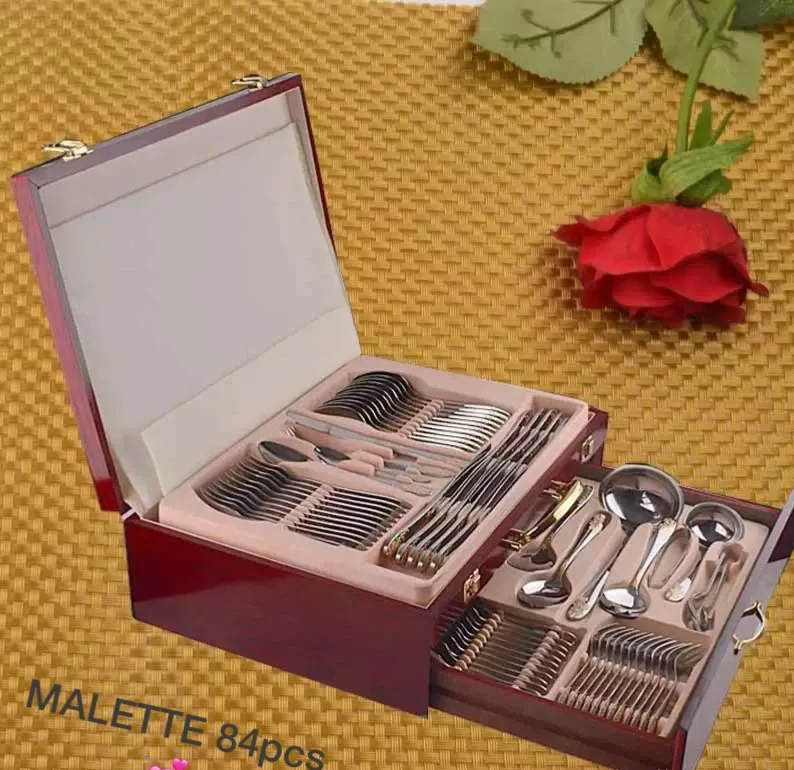 Mallette de couverts en inox avec coffret en bois / 84 pièce en inox