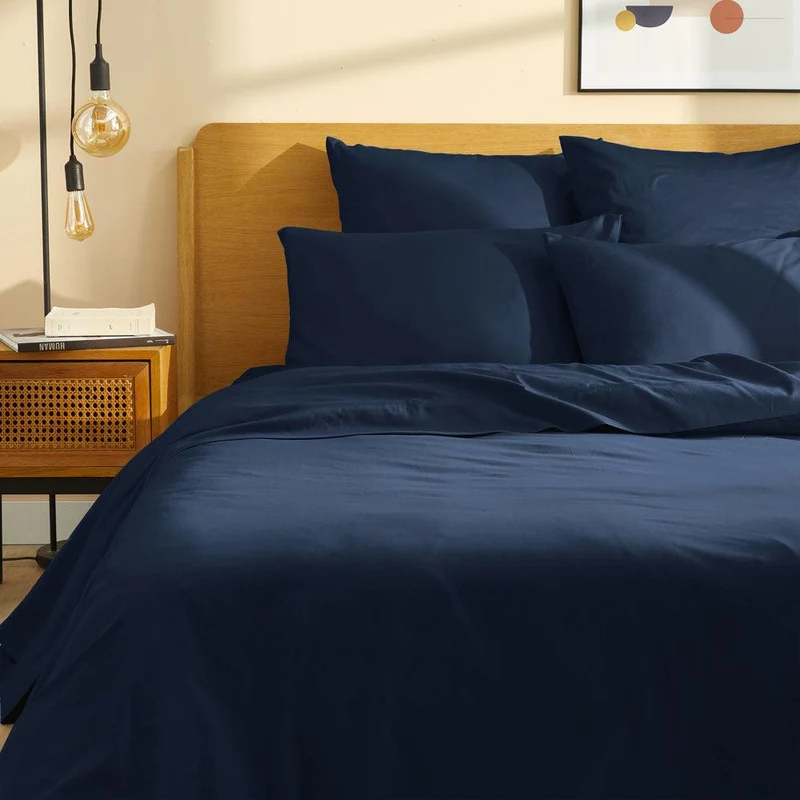 Drap plat satin pur coton bio Signature Bleu Marine / 180X290 déclassé - LN075