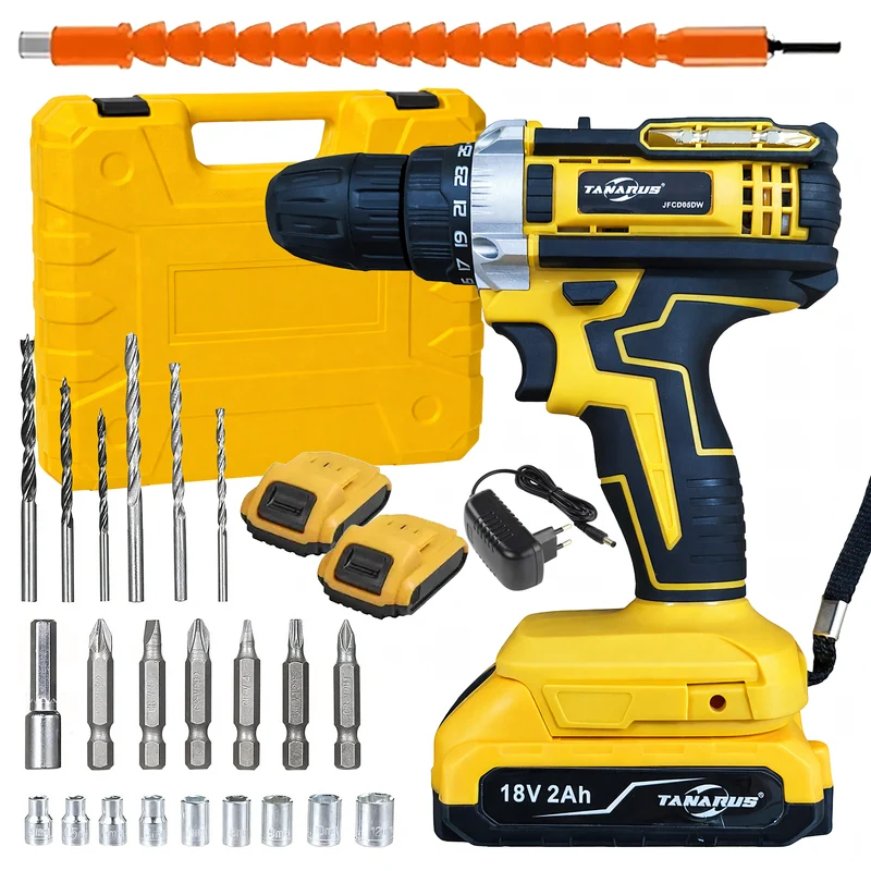 Perceuse-visseuse sans fil, coffret, 2 batteries Aku 18 V 2 Ah avec LED et accessoires