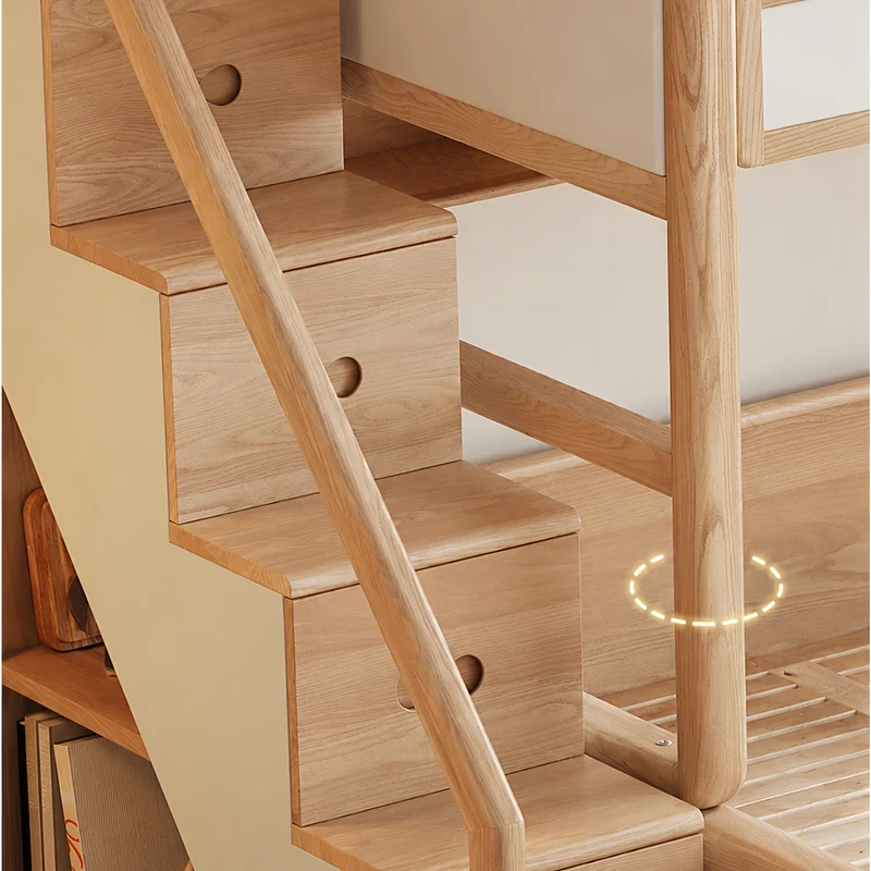 Lit superposé avec escalier et tiroir gigogne en frêne massif