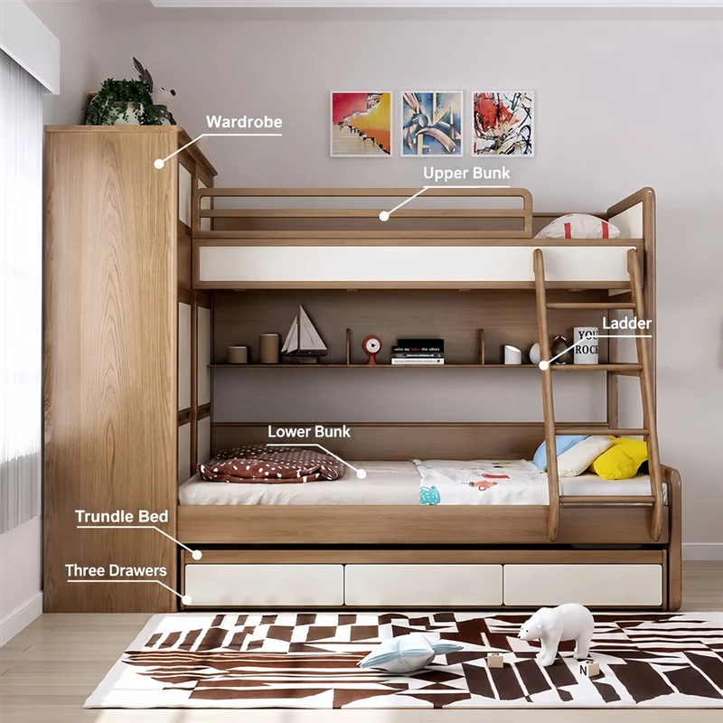 Lit superposé avec lit gigogne, armoire, échelle et meuble à tiroirs d'escalier
