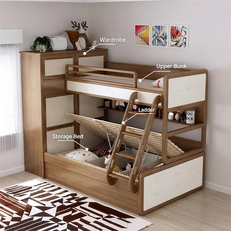 Lit superposé avec lit gigogne, armoire, échelle et meuble à tiroirs d'escalier
