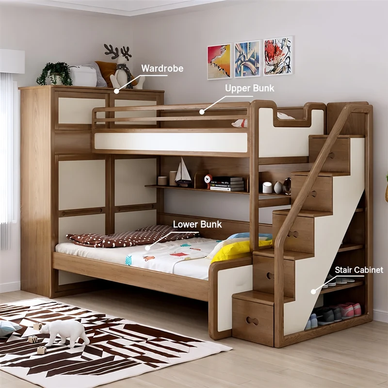Lit superposé avec lit gigogne, armoire, échelle et meuble à tiroirs d'escalier