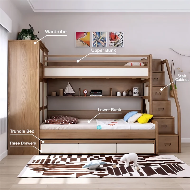 Lit superposé avec lit gigogne, armoire, échelle et meuble à tiroirs d'escalier