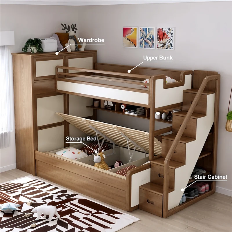 Lit superposé avec lit gigogne, armoire, échelle et meuble à tiroirs d'escalier