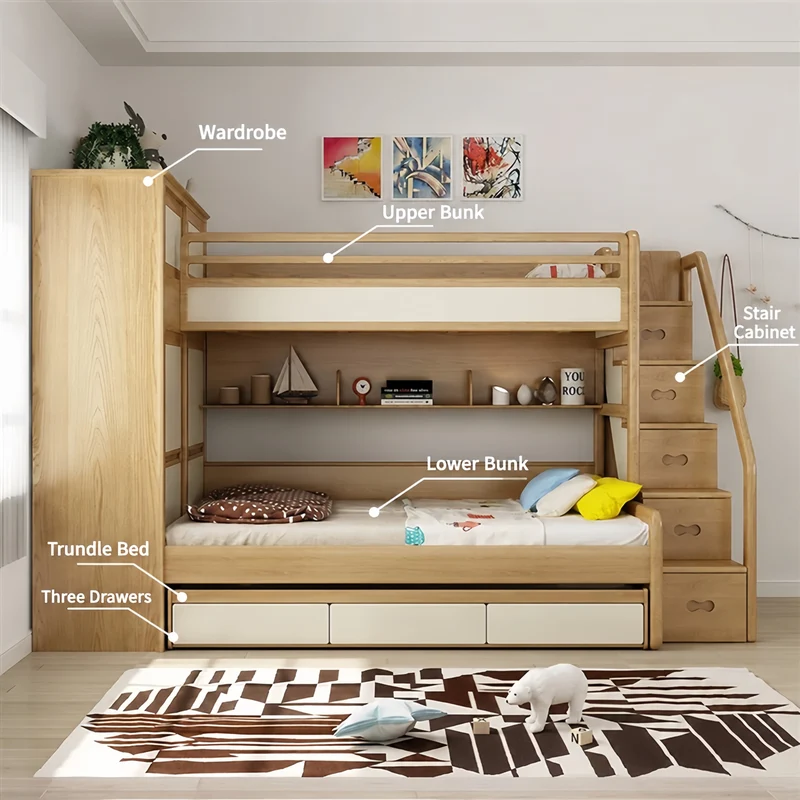 Lit superposé avec lit gigogne, armoire, échelle et meuble à tiroirs d'escalier