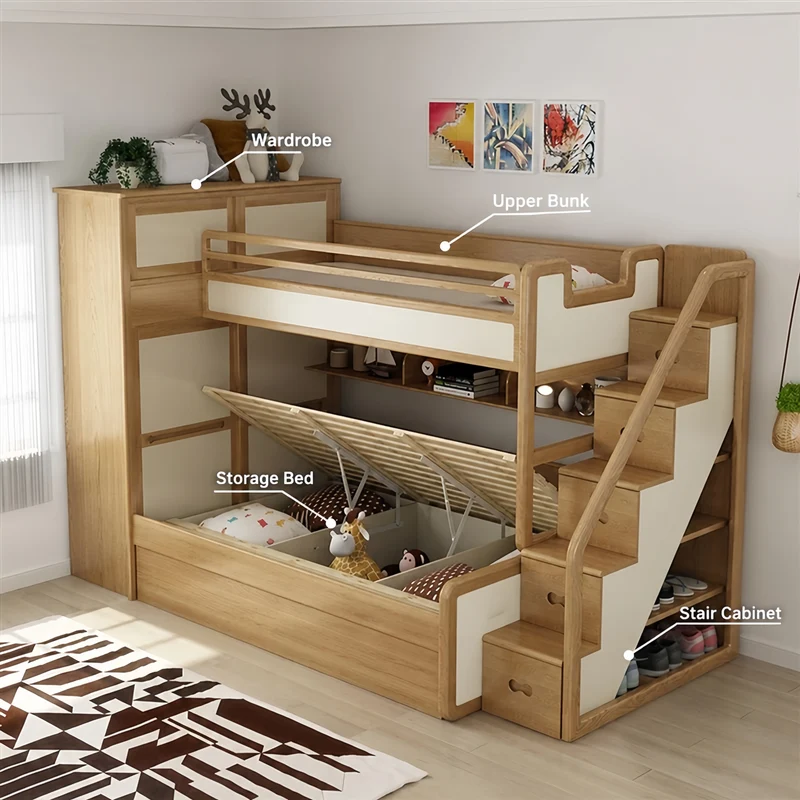 Lit superposé avec lit gigogne, armoire, échelle et meuble à tiroirs d'escalier