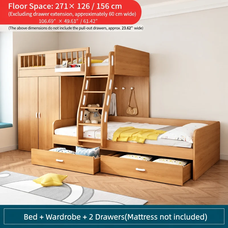Lit superposé décalé avec armoire, bureau et lit gigogne