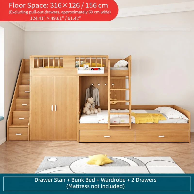 Lit superposé décalé avec armoire, bureau et lit gigogne
