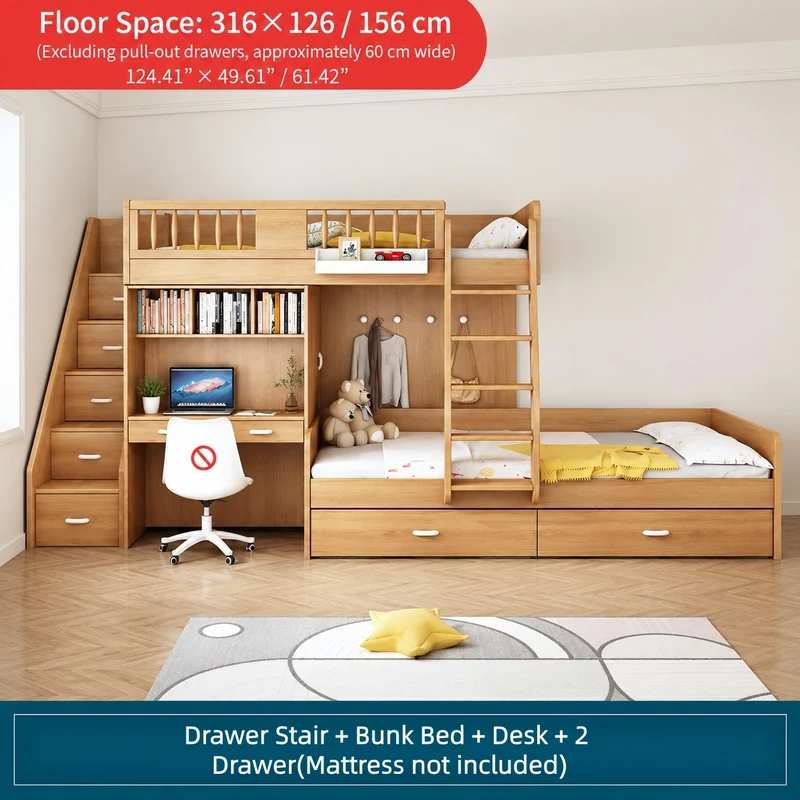 Lit superposé décalé avec armoire, bureau et lit gigogne