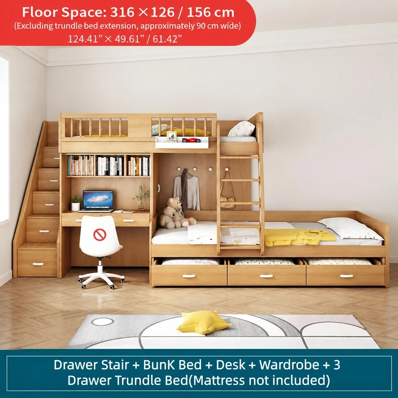 Lit superposé décalé avec armoire, bureau et lit gigogne